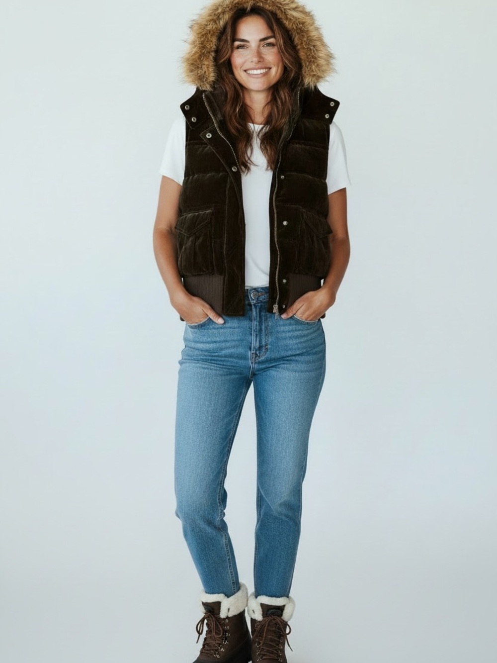 Old Navy Dark Black Faux-Fur Hooded Puffer Vest